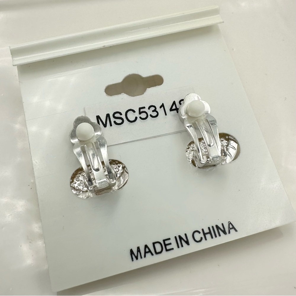 Clip On Round Button Silver Tone Rhinestone Earrings - Picture 2 of 4